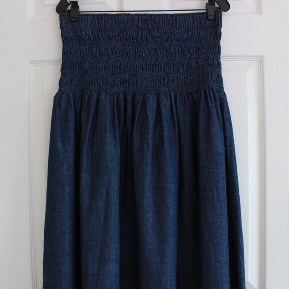 Madewell Smocked-Waist Denim Midi Skirt In Rinse Wash Size Large - Picture 7 of 10